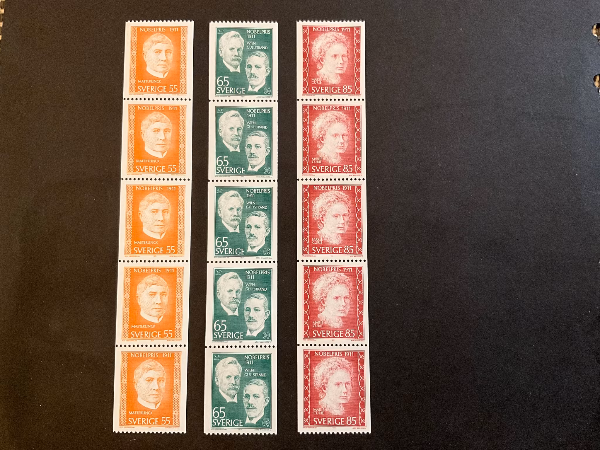Nobelpristagare 1911 facit nr 751,752 och 753 i postfriska 5-strip