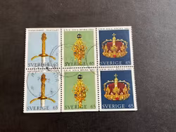 Riksregalierna facit nr 740-742 BB i stämplat 6-block