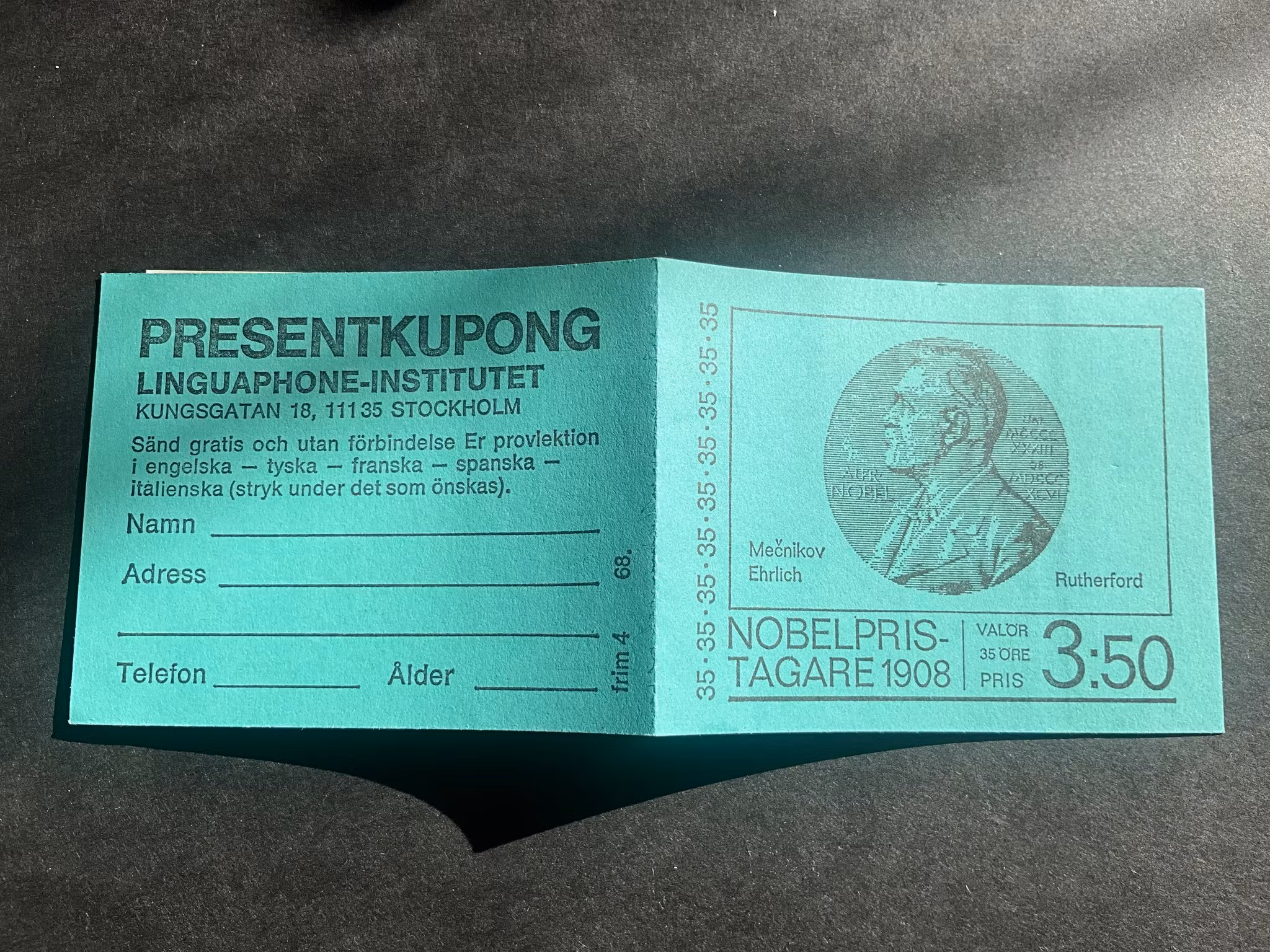 Nobelpristagre 1908 facit nr H 215 postfriskt häfte