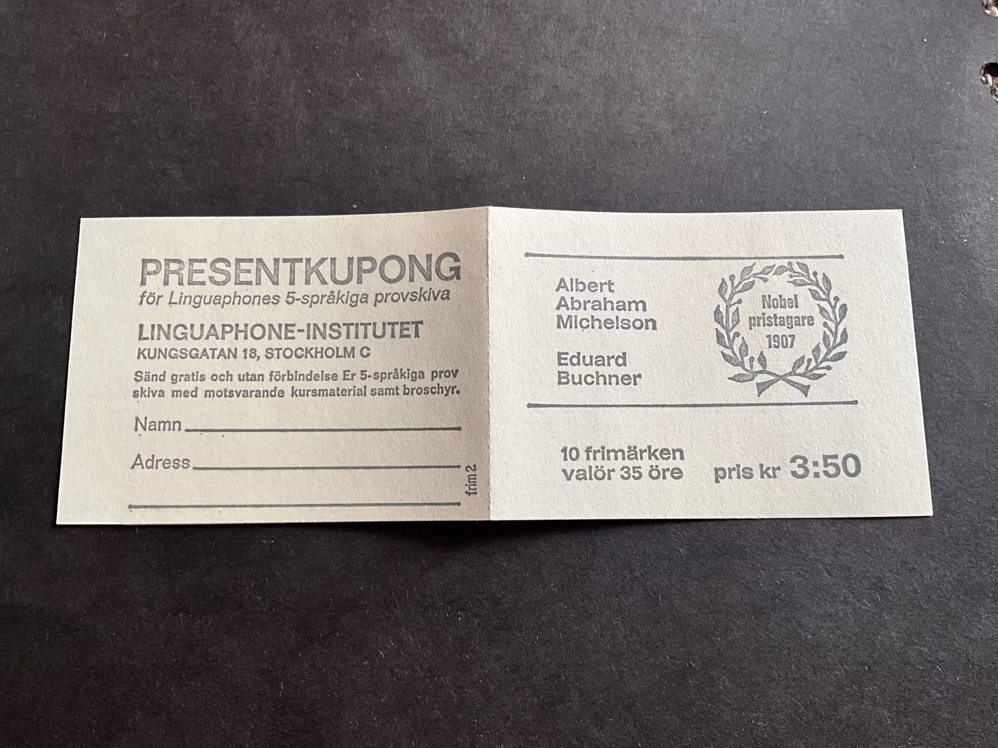 Nobelpris 1907 facit nr H 200 postfriskt häfte