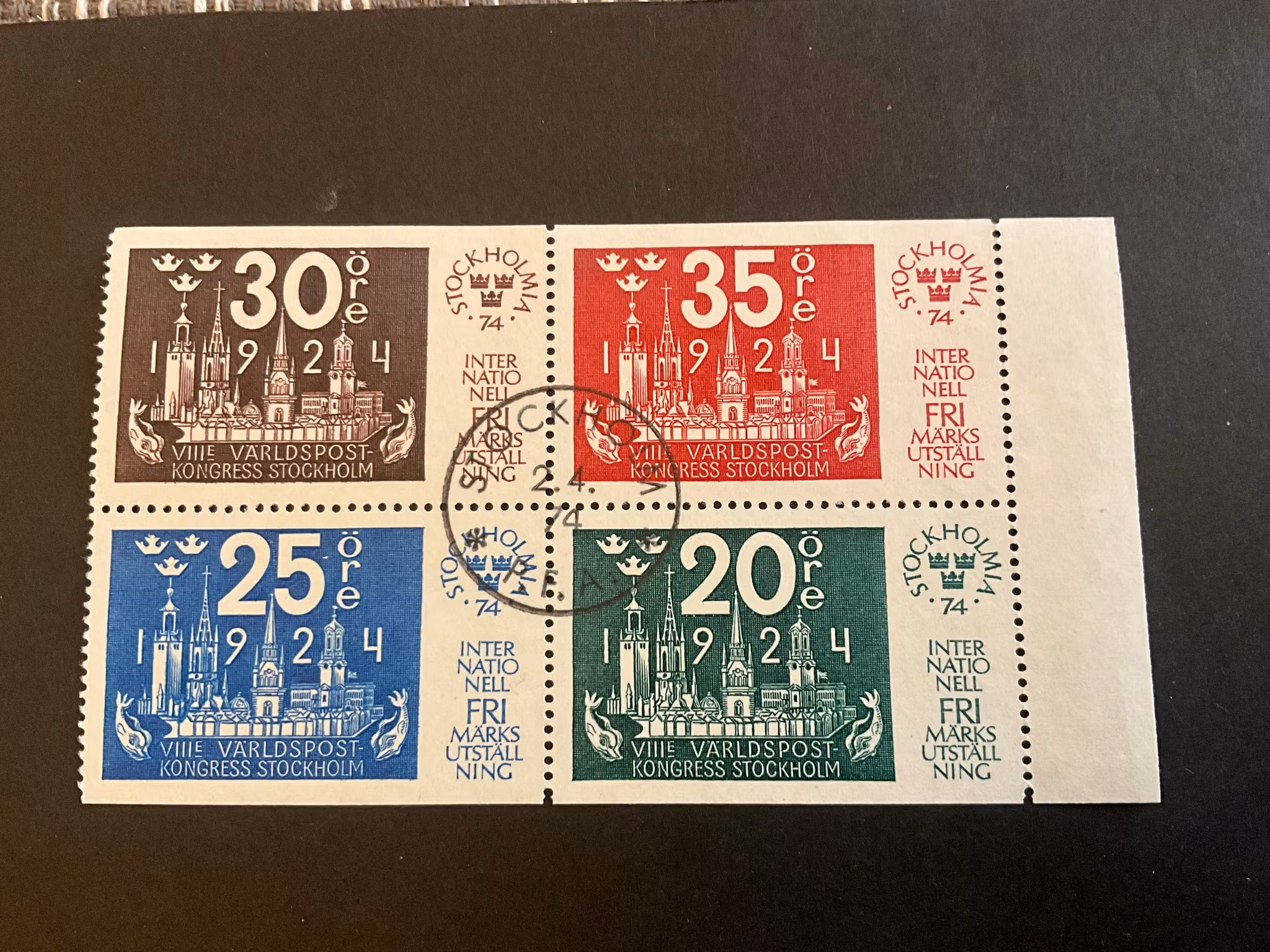 Stockholmia 74 II facit nr 861-864 lyxstämplat STOCKHOLM PFA