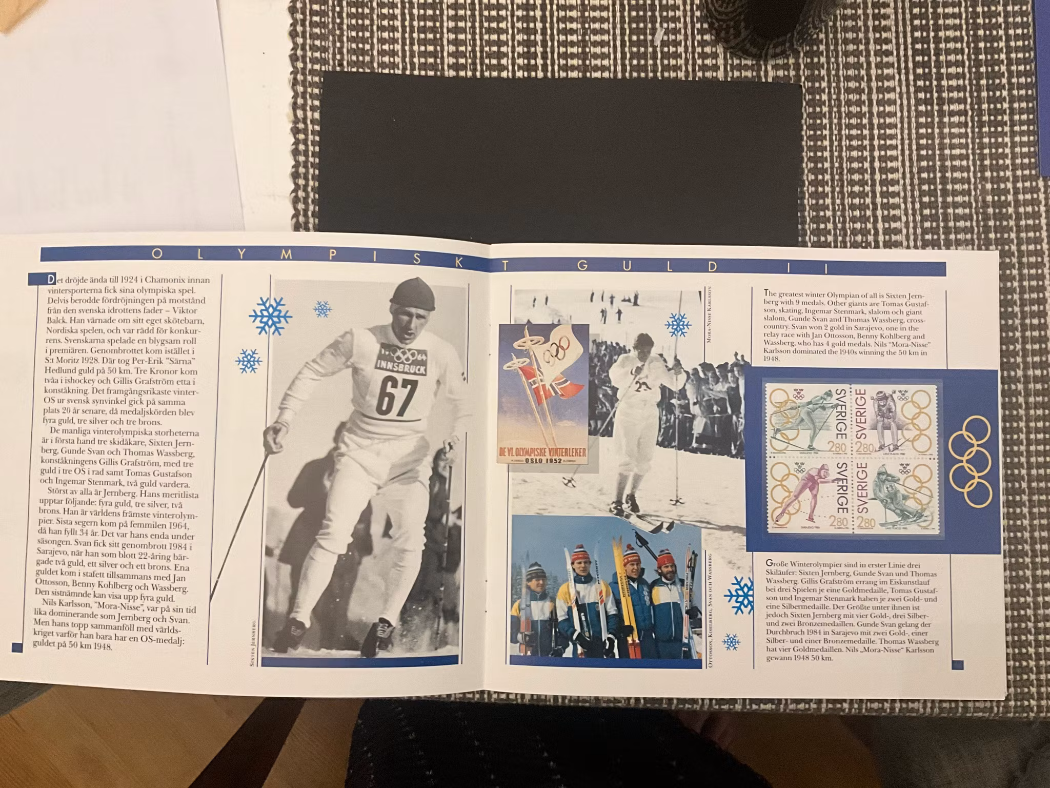 En folder med svenska OS guld både postfriskt och stämplat