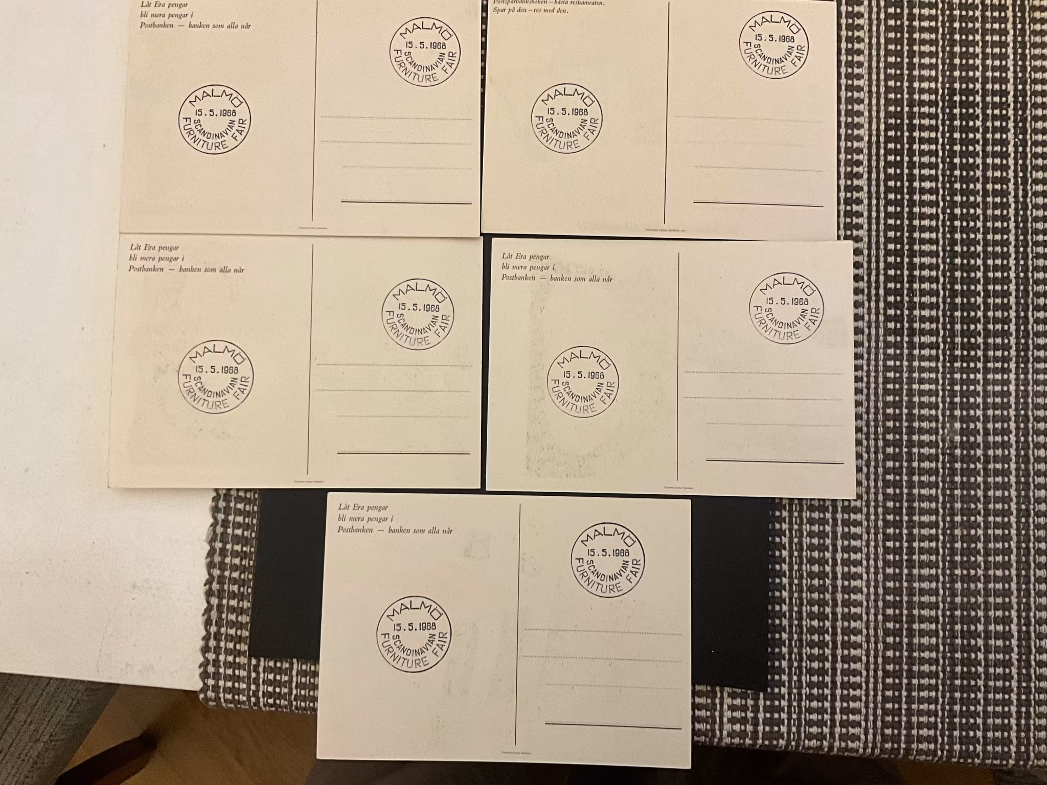 5 st kort från Postbanken stämplat MALMÖ SCANDINAVIAN FURNITURE FAIR