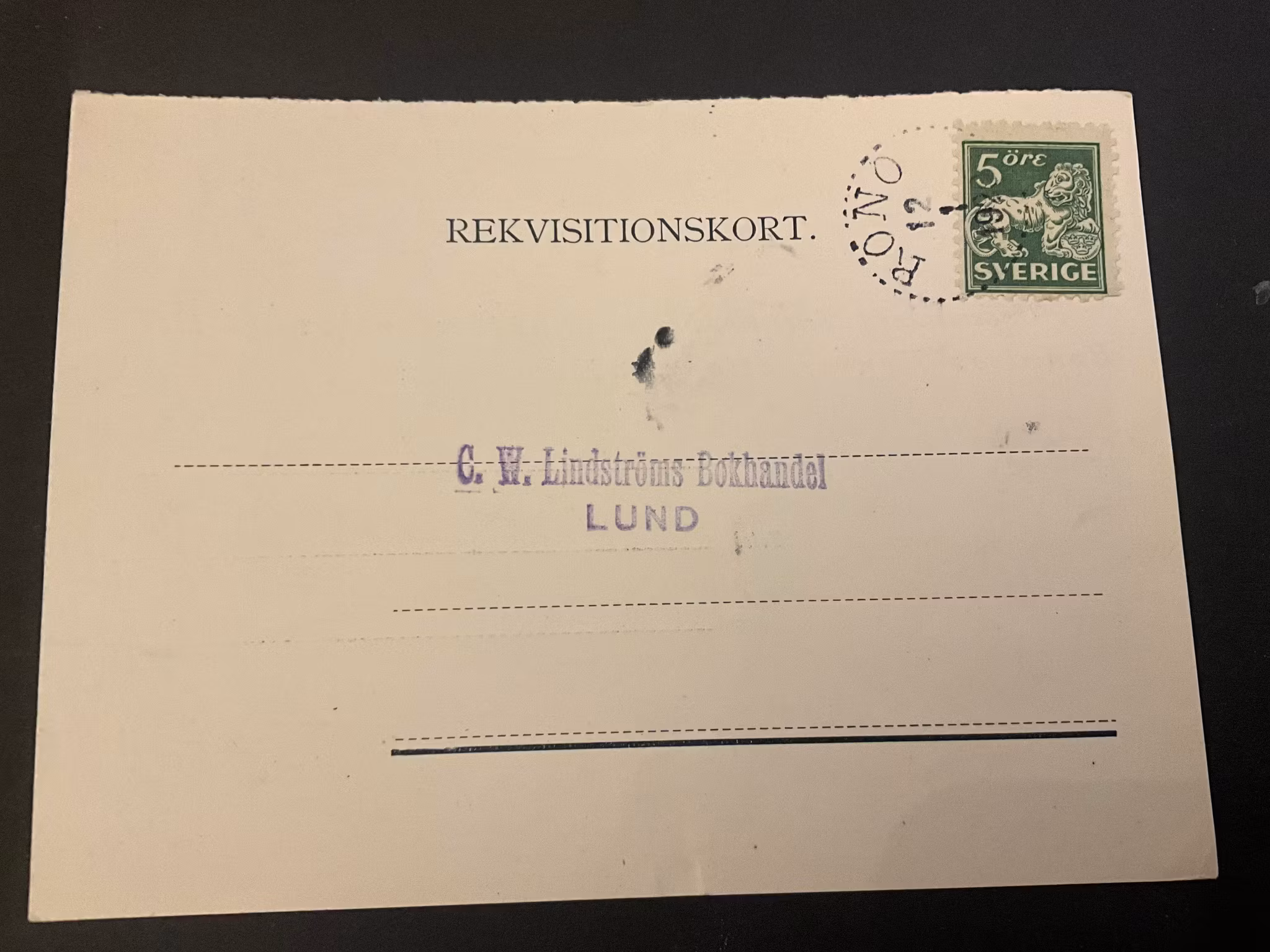 Rekvisitionskort frankerat med 143 C praktstämplat RÖNÖ