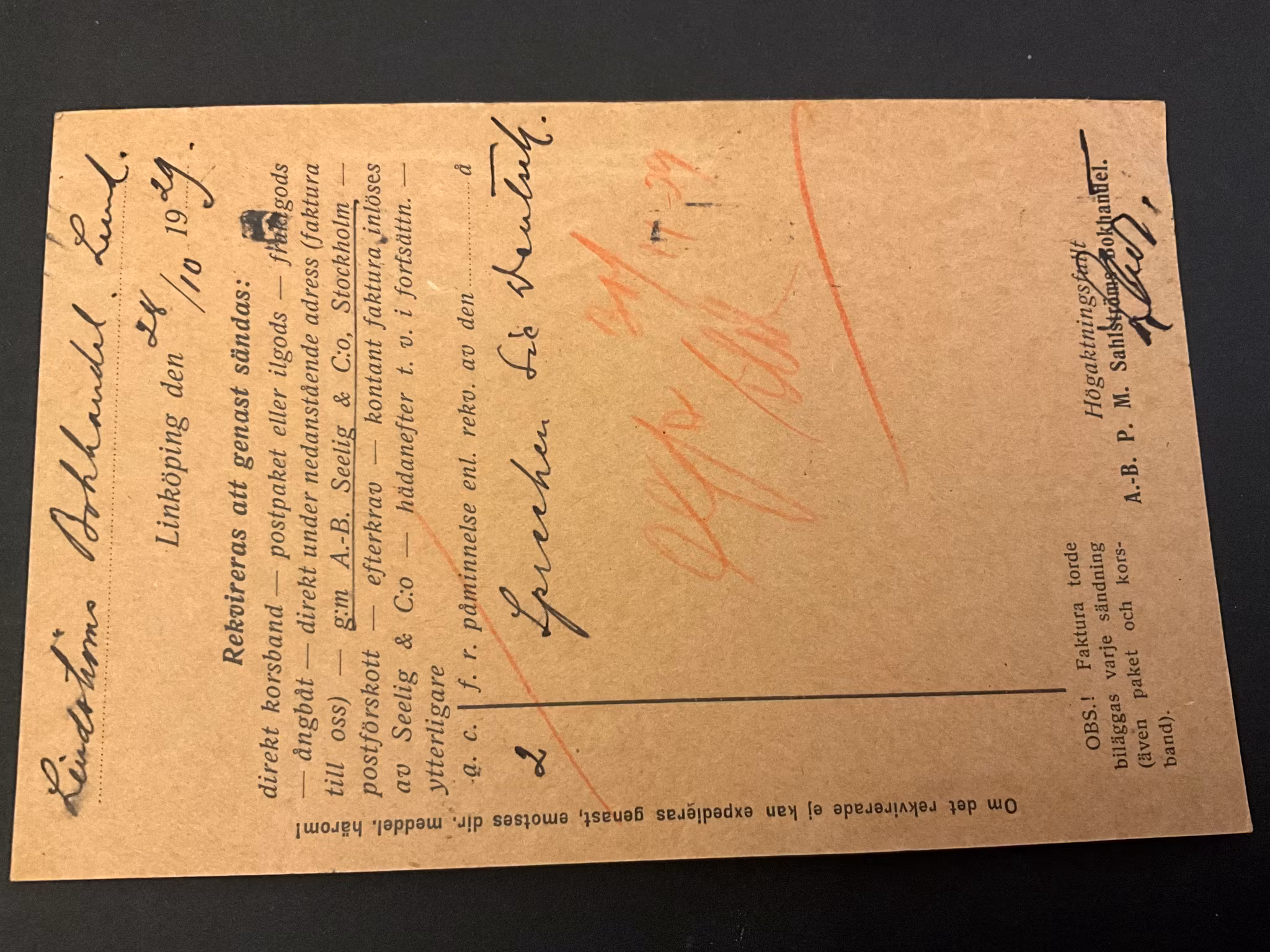 Bokrekvisitionskort frankerat med facit 140 A praktstämplat LINKÖPING