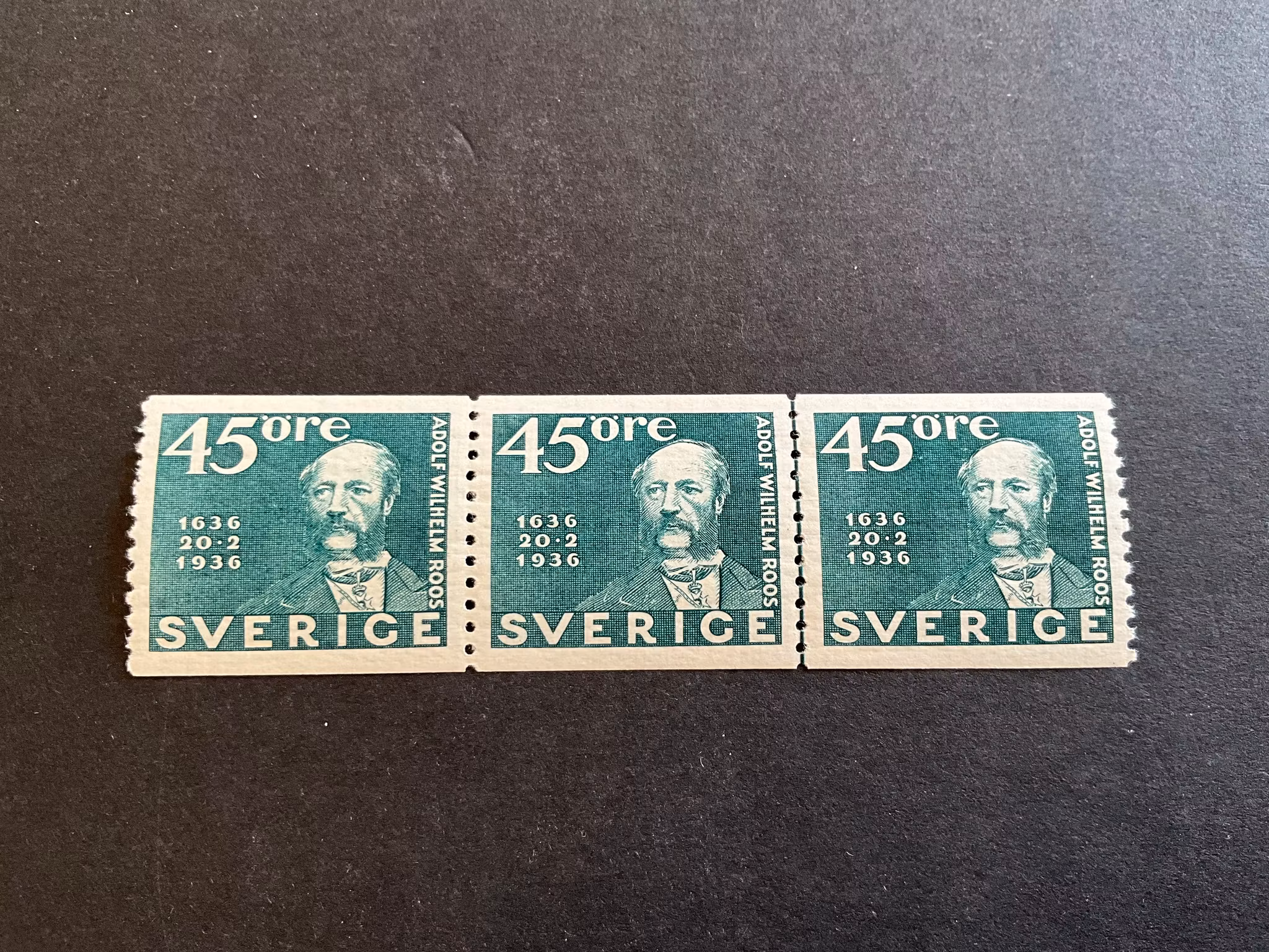 Postverket faci 254 postfriskt 3-strip, 3:e märket lödskarvslinje