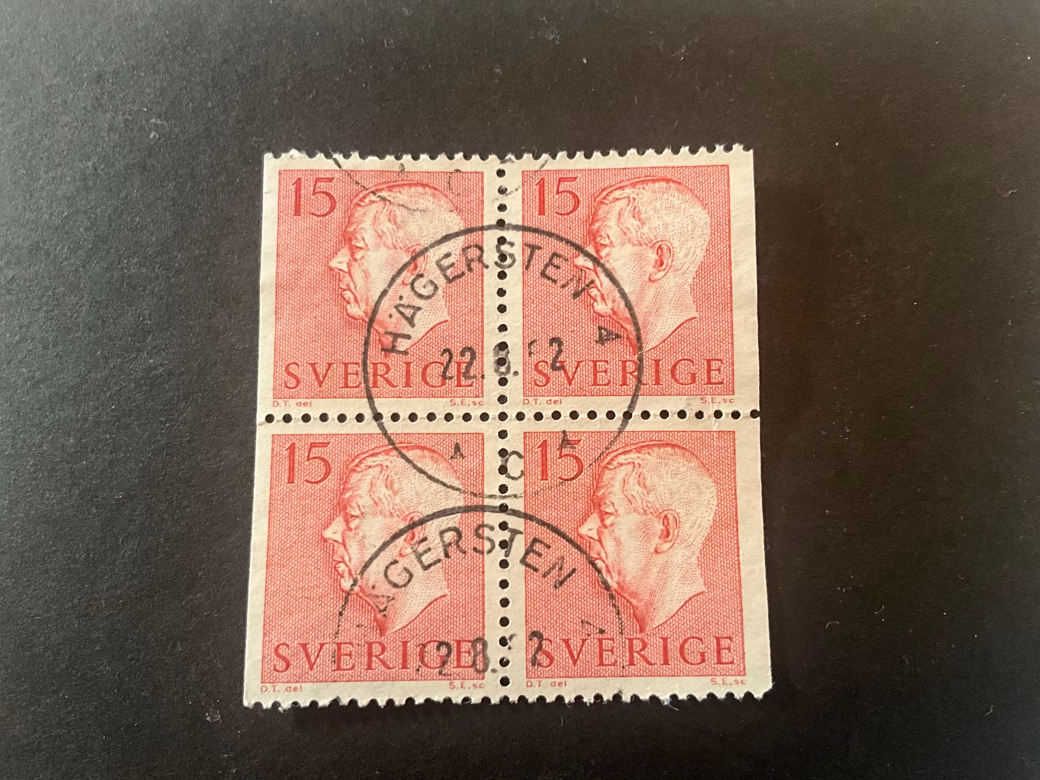 Gustaf VI Adolf facit 413 BB i praktstämplat 4-block HÄGERSTEN 4