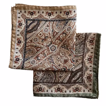 Oriental Silk Pocket Square - Beige/Navy Blue/Brown
