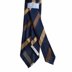 Regimental Silk Grenadine Tie - Untipped - Navy Blue/Brown/Beige