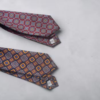Large Medallion Printed Silk Tie - Burgundy/Navy Blue/Mustard/Grey