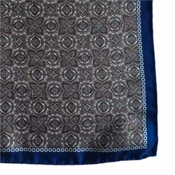 Medallion Printed Silk Pocket Square - Beige/Navy Blue (45x45)