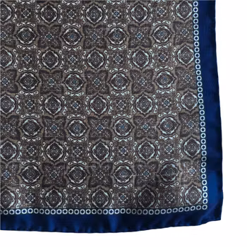 Medallion Printed Silk Pocket Square - Beige/Navy Blue (45x45)