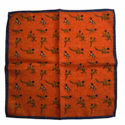 Dogs and Pheasants Wool Pocket Square - Orange/Beige/Navy Blue
