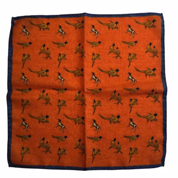 Dogs and Pheasants Wool Pocket Square - Orange/Beige/Navy Blue