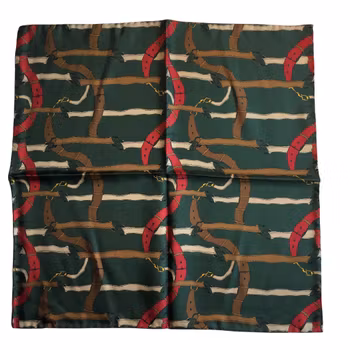 Braid Printed Silk Pocket Square - Dark Green/Brown/Red/Cream (40x40)