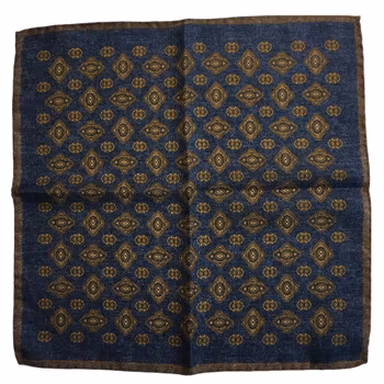 Medallion Wool Pocket Square - Light Navy Blue/Brown