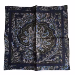 Paisley/Polka Linen Pocket Square - Double - Navy Blue/Green