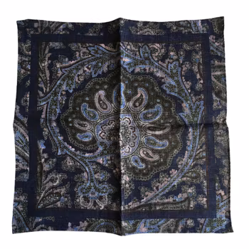 Paisley/Polka Linen Pocket Square - Double - Navy Blue/Green
