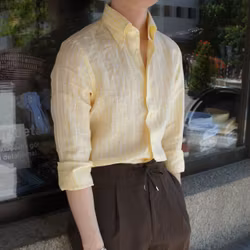 Smalrandig Linneskjorta - Button Down - Gul/Vit