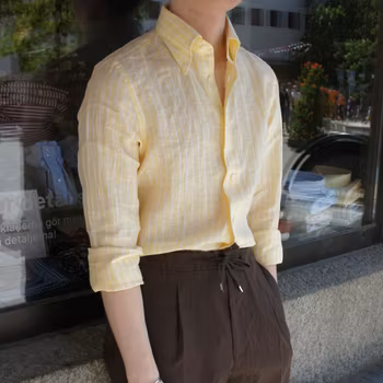 Smalrandig Linneskjorta - Button Down - Gul/Vit