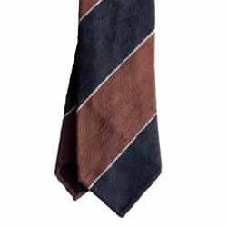 Blockstripe Shantung Tie - Untipped - Brown/White/Navy Blue