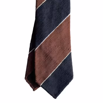 Blockstripe Shantung Tie - Untipped - Brown/White/Navy Blue