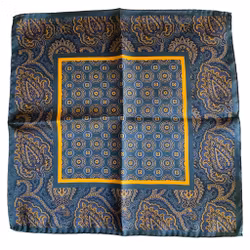Medallion Silk Pocket Square - Navy Blue/Yellow