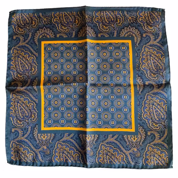 Medallion Silk Pocket Square - Navy Blue/Yellow