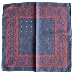 Medallion/Check Textured Silk Pocket Square - Navy Blue/Red