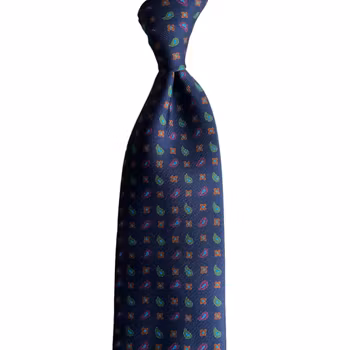 Paisley/Floral Ancient Madder Silk Tie - Untipped - Navy Blue/Green/Lilac/Orange