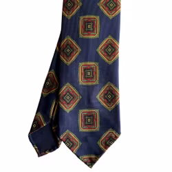 Medallion Ancient Madder Silk Tie - Untipped - Navy Blue/Green/Burgundy/Beige