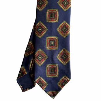 Medallion Ancient Madder Silk Tie - Untipped - Navy Blue/Green/Burgundy/Beige