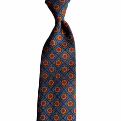 Medallion Ancient Madder Silk Tie - Untipped - Light Blue/Navy Blue/Mustard/Burgundy