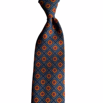 Medallion Ancient Madder Silk Tie - Untipped - Light Blue/Navy Blue/Mustard/Burgundy