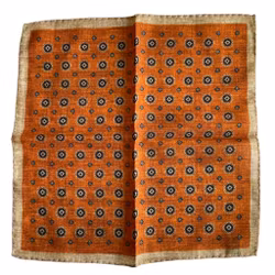 Medallion Wool Pocket Square - Orange/Navy Blue/Beige