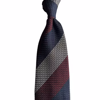 Blockstripe Silk Grenadine Grossa Tie - Untipped - Navy Blue/Grey/Burgundy