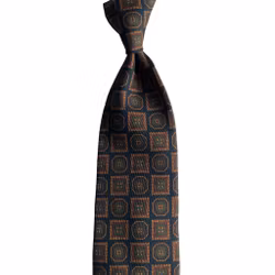 Large Medallion Ancient Madder Silk Tie - Untipped - Navy Blue/Beige/Green