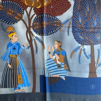 Oriental Motif Printed Wool/Silk Scarf - Grey