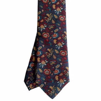 Floral Printed Silk Tie - Navy Blue/Burgundy/Yellow
