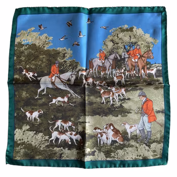 Hunting Party Silk Pocket Square - Green/Light Blue/Red
