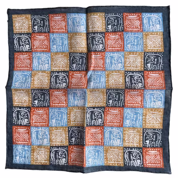 African Linen Pocket Square - Navy Blue/Light Brown/Light Blue/Orange