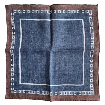 Border Linen Pocket Square - Navy Blue/Brown/White