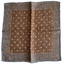 Polka Dot/Check Linen Pocket Square - Double - Brown/Navy Blue