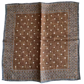 Polka Dot/Check Linen Pocket Square - Double - Brown/Navy Blue