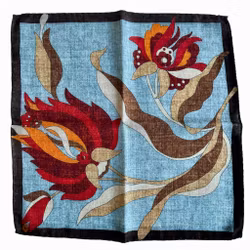 Large Floral Wool Pocket Square - Light Grey/Brown/Burgundy