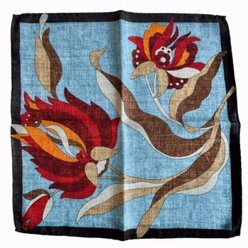 Large Floral Wool Pocket Square - Light Grey/Brown/Burgundy