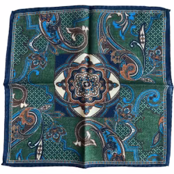 Oriental Wool Pocket Square - Dark Green/Navy Blue/Light Blue/White