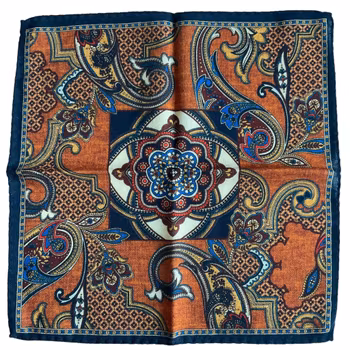 Oriental Wool Pocket Square - Orange/Navy Blue