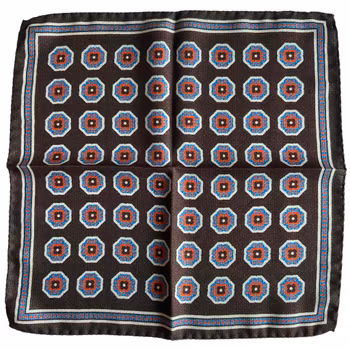 Medallion Wool/Silk Pocket Square - Brown/Orange/Mid Blue