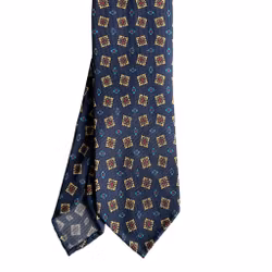 Floral Printed Silk Tie - Untipped - Light Navy Blue/Yellow/Beige/Blue/Green
